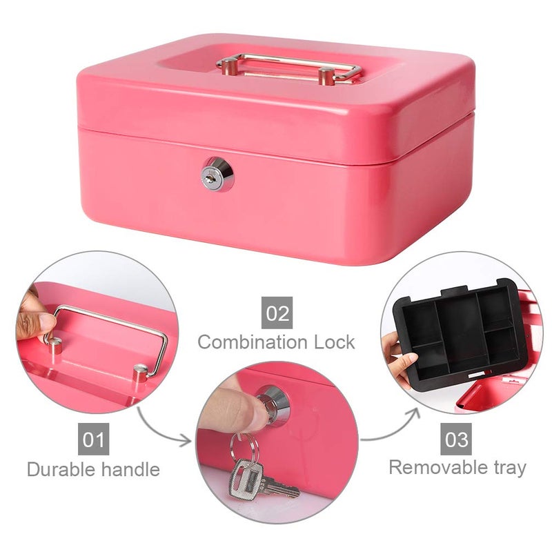 Decaller Cash Box with Money Tray, Metal Locking Money Box with Key Lock for Security, 7 4/5" x 6 1/3" x 3 1/2", Pink - Image 3